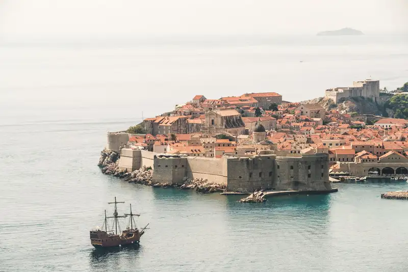 Stunning aerial photo of Dubrovnik's old town and city walls by the Adriatic Sea.